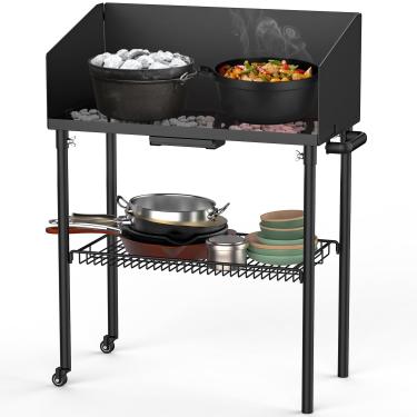 Imagem de only fire Mesa de cozinha de acampamento para área externa com para-brisas de três lados para fornos holandeses e preparação de alimentos ao ar livre