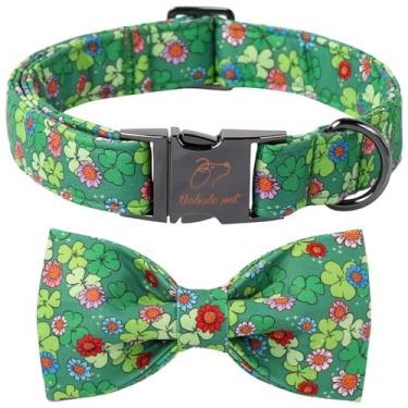 Imagem de Babole Pet Coleira para cães do Dia de São Patrício com gravata borboleta, trevo da sorte, coleira para cães com fivela de metal ajustável, linda coleira de trevo para cães e meninas, GG