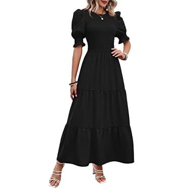Imagem de BTFBM Vestidos femininos casuais de verão 2025 primavera gola redonda babados manga curta estampa floral vestido maxi boho rodado, Preto liso, M