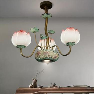 Imagem de OUFULA Luminária pendente de lótus contemporânea chinesa retrô criatividade sala de estar restaurante quarto villa hotel balcão decoração led lustre (D Pink 3 lights)
