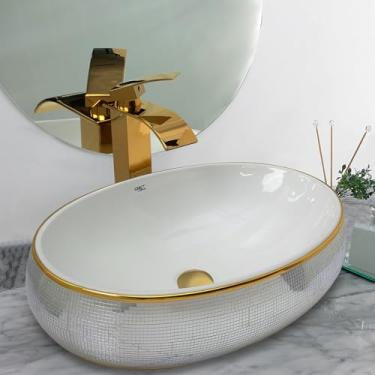 Imagem de Kit Cuba Pia Louça Cerâmica Banheiro C/Torn e Vál Dourada 98