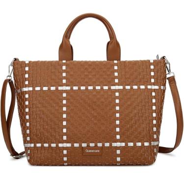 Imagem de Bolsa de tecido moderna para mulheres, bolsas de couro vegano e bolsas de mão para mulheres, bolsas de ombro femininas com alça superior, Marrom e prata