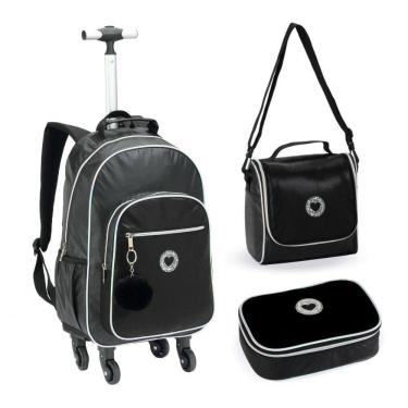 Imagem de Kit Mochila De Rodinhas + Lancheira + Estojo Just Love Denlex Preta
