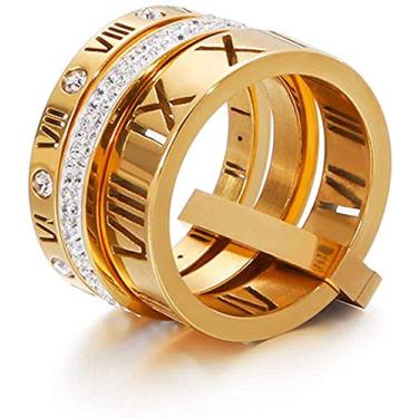 Imagem de Jarlinwel Anel giratório 3 em 1 de aço inoxidável com zircônia cúbica e números romanos para mulheres, 9 Runs small, Ouro, aço inoxidável, zircônia, Zircônia cúbica