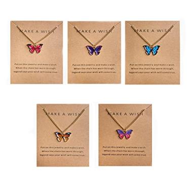 Imagem de 4/5 peças retrô colorido borboleta fina corrente pingente conjunto de colar para mulheres adolescentes banhado a prata 14 k ajustável animal inseto gargantilha colar bonito presente de amizade, Metal, Liga metálica.