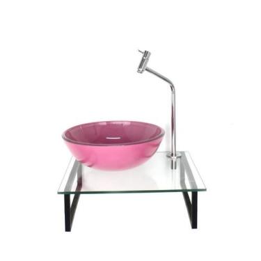 Imagem de Kit Cuba Vidro Redonda 10Mm Rosa Tampo 40Cm Incolor Suporte - Cubas E 