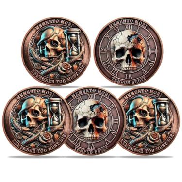 Imagem de RYUKENLM Pacote com 5 Moedas Memento Mori Crânio Desafio Moedas EDC Stoic Token Lembrete Atemporal de Vida e Morte Presentes de Estoicismo Inspiradores para Prática Diária