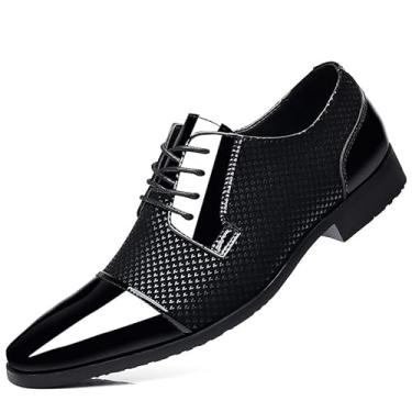 Imagem de Sapato social masculino Oxford de couro envernizado clássico cadarço formal smoking sapatos negócios casamento Derby sapato bico bico moderno, Preto, 39