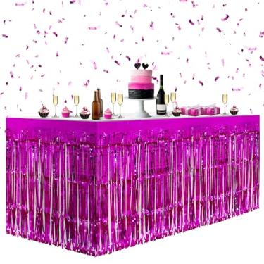 Imagem de Pacote com 2 saias de mesa rosa vermelha, 73,7 x 274,3 cm de folha metálica com franja e franjas para mesas retangulares, cortinas de flâmula, pano de fundo, decorações de festa para aniversários,