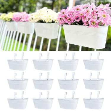 Imagem de LaLaGreen Plantador de trilho para ambientes externos (pacote com 12, 11,8 polegadas), vasos de flores pendurados em ferro de metal branco, deck, grades de cerca, baldes modernos, estilo boêmio,