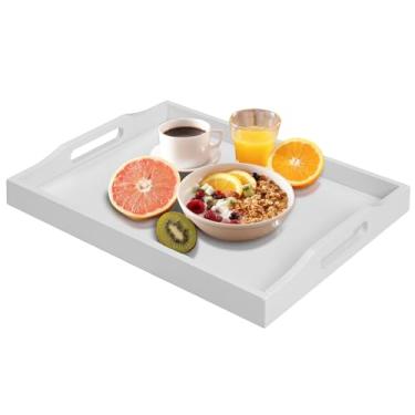 Imagem de Bandeja de bambu para servir comida com alças, bandeja de café da manhã para chá, lanche, jantar, armazenamento decorativo de alimentos, travessa, pufe para balcão de cozinha, banheiro, restaurante