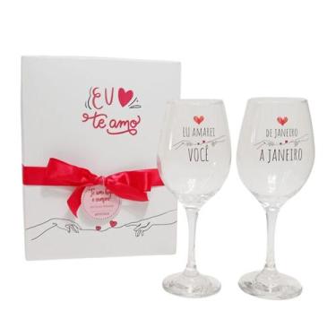 Imagem de Caixa + 2 Taças para Vinho Vidro -Eu amarei Você / De janeiro a janeir