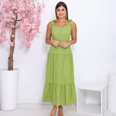 Imagem de Vestido Feminino Linho com Botões e Alça com Amarração Tendência Casua