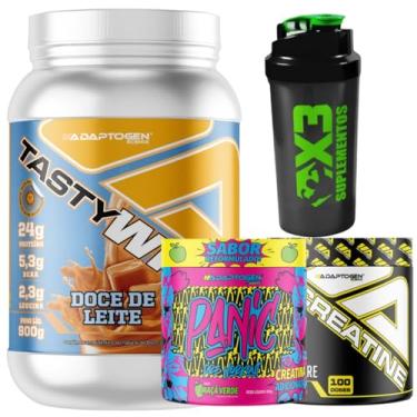 Imagem de Tasty Whey 3W Sabor Doce de Leite 900g + Creatina 300g + Panic (Pré-Treino) Sabor Maçã Verde 300g - Adaptogen + Coqueteleira 600ml - X3 Suplementos