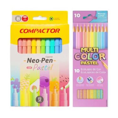 Imagem de Kit tom pastel, 10 lápis de cor Multicolor + 12 canetinhas Compactor -