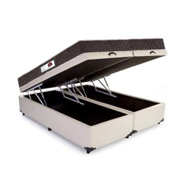 Imagem de Cama Box Baú King Colchão Espuma D45 Bordado + Box Bipartido Suede Bege Serra Negra 62x193x203