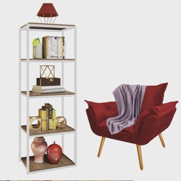 Imagem de Kit Poltrona Fatte com Manta Soft Lilás e Estante Livreiro Ferro Branco mdf Rústico Suede Vermelho - Ahazzo Móveis