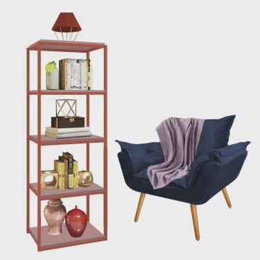 Imagem de Kit Poltrona Fatte com Manta Soft Lilás e Estante Livreiro Ferro Bronze mdf Rose Suede Azul Marinho - Ahazzo Móveis