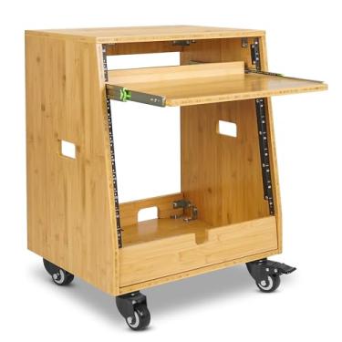 Imagem de Sound Town Rack de estúdio inclinado de bambu carbonizado sólido DIY (2U superior + 8U inferior), com armazenamento inferior de 2U, bandeja deslizante, rodízio, para sala de gravação, estúdio