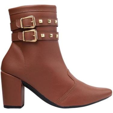 Imagem de Bota Feminina Salto Grosso Bico Fino Ankle Boot Fivela Tachos Elegante