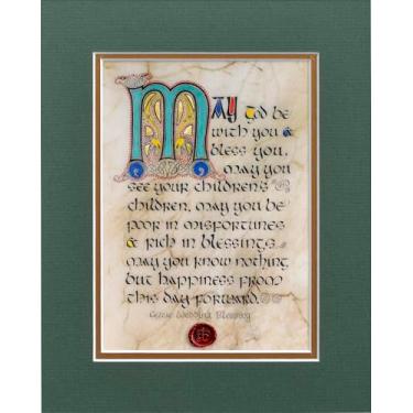 Imagem de Celtic Card Company Impressão de bênção de casamento irlandês manuscritos medievais verdes selo em cera duplo fosco presente irlandês decoração de casa (20,3 cm x 25,4 cm)