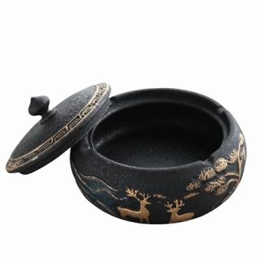 Imagem de Cinzeiros de mesa com tampa cerâmica retro cinzeiro vintage de mesa clássico estilo à prova de vento redondo para fumar para uso doméstico escritório ornamentos (tamanho: B)