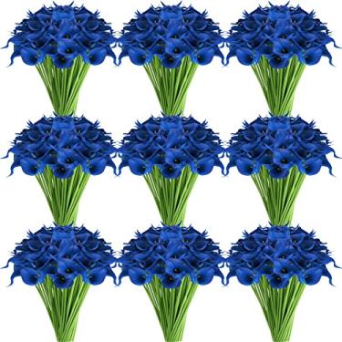Imagem de Crowye 100 peças de lírio de calla artificial de 35,5 cm falso lírio de calla a granel buquê de flor realista para casamento, dia das mães, Páscoa, cozinha, decoração de ano novo, primavera (azul