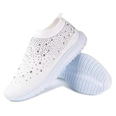 Imagem de AngryMonkey Tênis feminino esportivo de malha de strass, antiderrapante, bom arco, respirável, leve, casual, meia sapato de enfermeira, Branco, 10