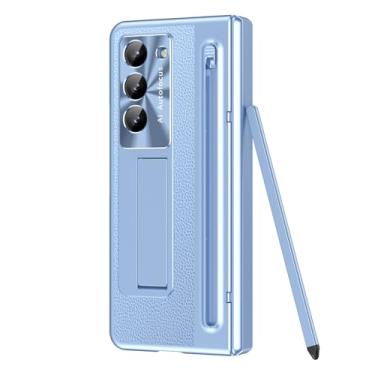 Imagem de HAO RIYLN Capa galvanizada para Samsung Galaxy Z Fold6, capa de negócios leve de luxo com suporte oculto dobrável capa protetora à prova de choque, azul, Z FOLD6