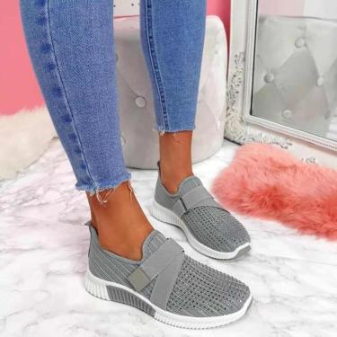 Imagem de Mulheres Sapatos Casuais Primavera Sapatos Femininos Cristal Malha Sólida Sneakers Plus Size Flats Moda Feminina Calçados Esportivos Vulcanizados Sapatos-azul, 37, Grey, 37 EU