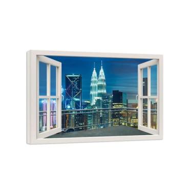 Imagem de Impressão lona janela falsa-Vista noturna edifícios cidade-Imagem arte parede paisagem-Pintura moderna para banheiro decoração 50x70cm20x27in Tela Embrulhada