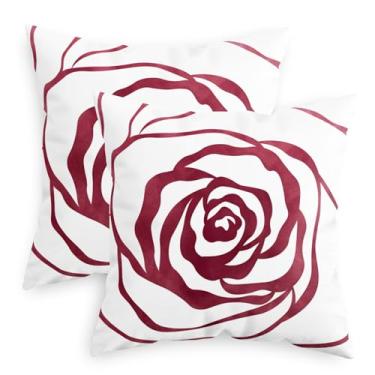 Imagem de CaliTime Pacote de 2 capas de almofada aconchegantes de lã minimalista com contorno geométrico rosa flores decorativas para sofá-cama, sofá, decoração de casa de fazenda, 45,7 x 45,7 cm, vermelho