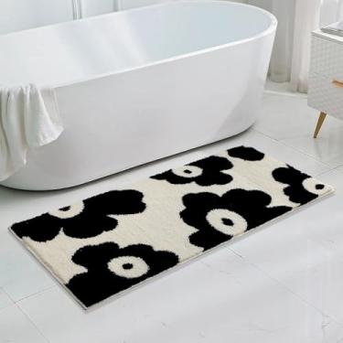 Imagem de Tapete preto longo para corredor de banheiro com flores fofas, macio, macio, absorvente, antiderrapante, suporte de TPR lavável, tapetes de banho para banheiro, porta de chuveiro e banheira, 119 x 50
