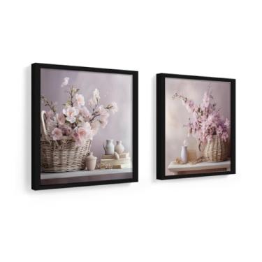 Imagem de kit 2 quadros decorativos banheiro, lavabo, toalete, flores, magenta, vasos, moldura vidro 18x18 cm (Preto)