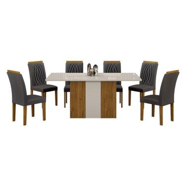 Imagem de Mesa De Jantar Doha 160x80 Reto Freijó Decor Off White Com 6 Cadeiras Freijó Joli Chumbo - Leifer Móveis