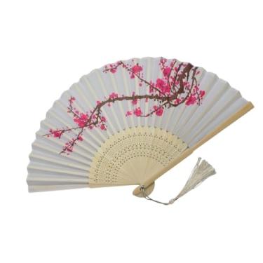 Imagem de Leque de Madeira Oriental Ventilador de Mão Estampado Chique (0013 Branco)