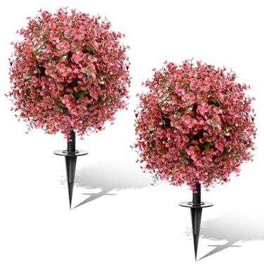 Imagem de FAJUNZH Plantas artificiais de eucalipto com estacas, flores vermelhas, pacote com 2