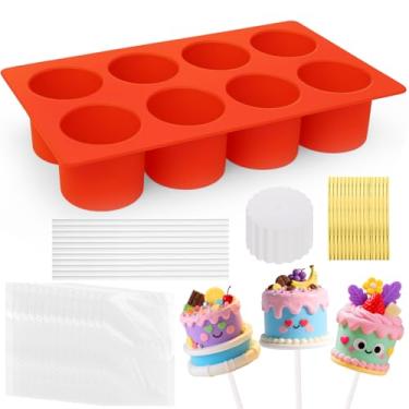 Imagem de Moldes de silicone para bolo com 100 palitos e sacos de pacote, 8 moldes de bolo reutilizáveis de cavidade para assar, pirulitos, sorvete, sobremesas faça você mesmo, kit de fazer pop para bolos