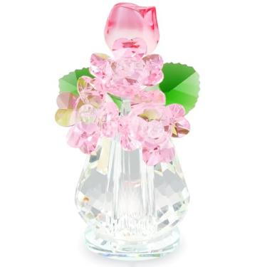 Imagem de YWHL Estatueta de flor rosa cristal para mulheres, buquê de flores feito à mão, presentes para mãe, esposa, namorada, ornamentos colecionáveis de flores de vidro para decoração de casa, centros de