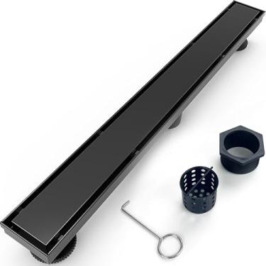 Imagem de Eblog Ralo De Chuveiro Linear 36" Preto Fosco Para Banheiro E Cozinha, Retangular, 2 Em 1, Tampa Inserção Azulejo, Aço Inoxidável 304, Fácil Instalação Com Filtro Cabelo, Pés Niveladores Ajustáveis