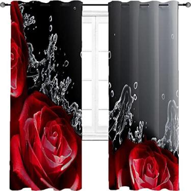 Imagem de Cortina blackout rosa, água e rosa, tecido impermeável, cortina de isolamento de cozinha com tratamento de sombreamento completo, L 132 x C 182 cm preto e vermelho