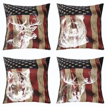 Imagem de Feelyou Capas de almofada vintage urso 45,72 cm x 45,72 cm conjunto de 4 capas macias para crianças, meninos, meninas, cabana, veado, caça, fronhas, fazenda, lobo, alce, animal selvagem, bandeira