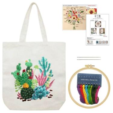 Imagem de YANGSHINE Bolsa de lona kit de bordado com padrão, kits de ponto cruz para iniciantes, kit de bordado de artesanato para adultos, inclui bolsa de bordado, argola e instruções (bolsa bege, cacto)