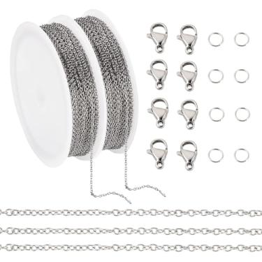 Imagem de Spritewelry Corrente de aço inoxidável de 20 m com elos soldados para fabricação de joias, kit de fabricação de pulseiras com 20 fechos de garra de lagosta e 50 anéis de salto para artesanato DIY