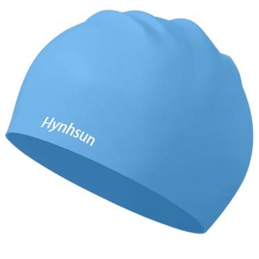 Imagem de Hynhsun Touca de natação de silicone unissex clássica para mulheres e homens, flexível, unissex, impermeável, treinamento intensivo, confortável, antiderrapante (azul)