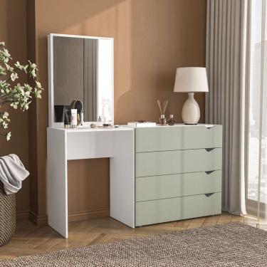 Imagem de Cômoda Penteadeira 4 Gavetas com Espelho Porto Verde/Branco