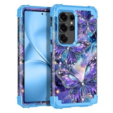 Imagem de LONTECT Capa para Galaxy S25 Ultra, que brilha no escuro, três camadas, resistente, à prova de choque, policarbonato rígido + capa protetora robusta de silicone macio para mulheres e meninas, roxo