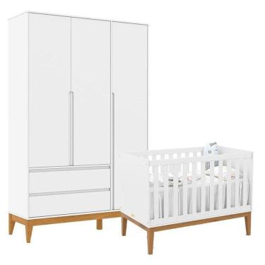 Imagem de Berço Americano Unique E Guarda Roupa 3 Portas Nature Clean Branco Soft Eco Wood – Matic