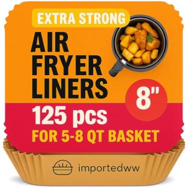 Imagem de Forros de papel para fritadeira a ar, 125 peças de forros descartáveis para fritadeira a ar, antiaderentes e à prova de óleo para facilitar a limpeza, quadrado de 20 cm para cesta de 5 a 8 litros