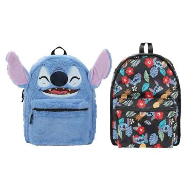 Imagem de BIOWORLD Mochila infantil unissex Disney Stitch de pelúcia e estampa tropical 42 cm Flip Pak reversível (criança pequena/criança grande) tamanho único